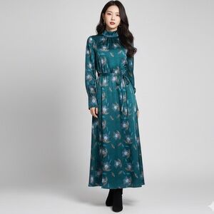 Floral Long Sleeve Maxi Satin Dress Size‎ S